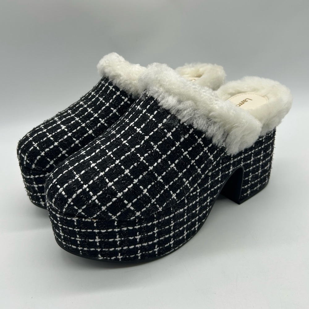 Larroudé Miso Clog Tweed Black Platform Shearling Lined Heels Size 9.5 NWB - Picture 5 of 14